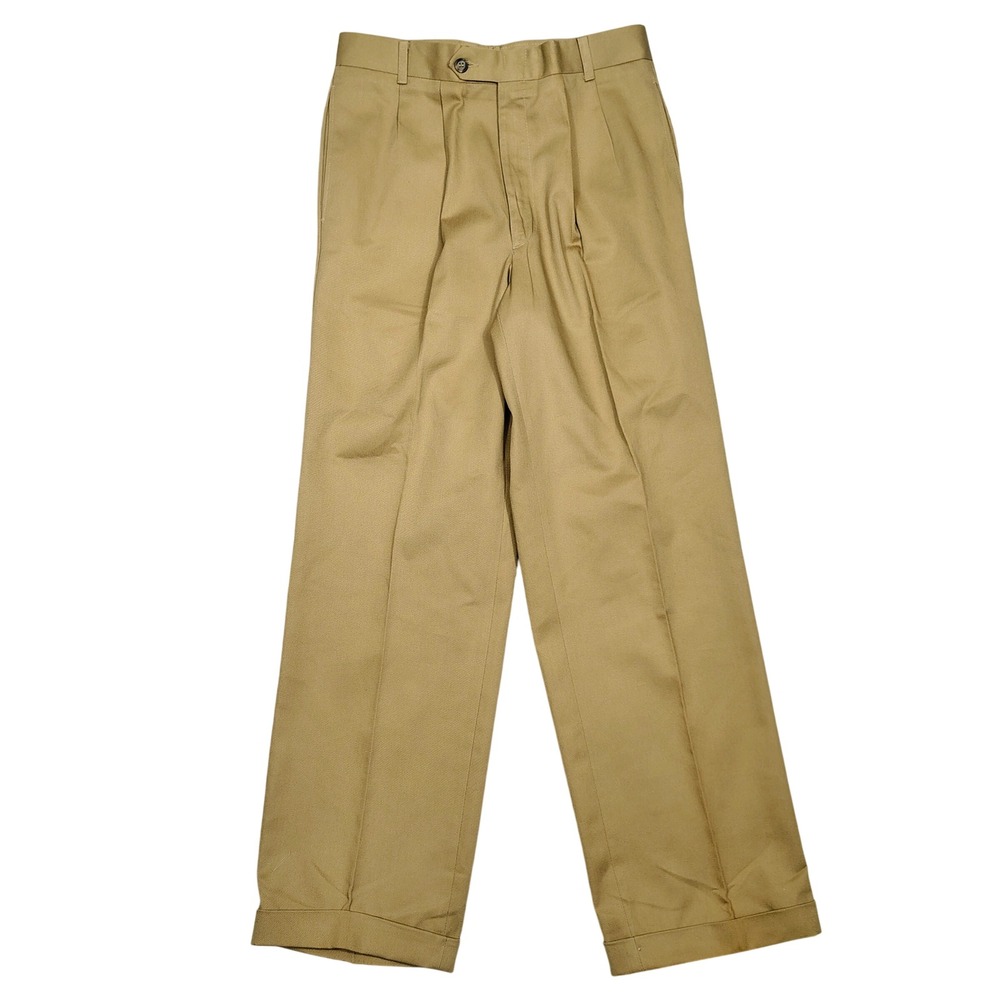 Cotton Brothers Chino Pants Mens 32 Tan Pleated Cuffed Solid Cotton Twill USA
